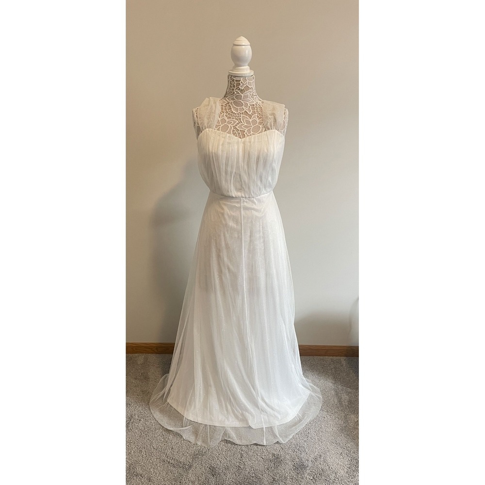 Candalite White Glitter Tulle Maxi Dress Sweetheart Neck Formal Gown Large